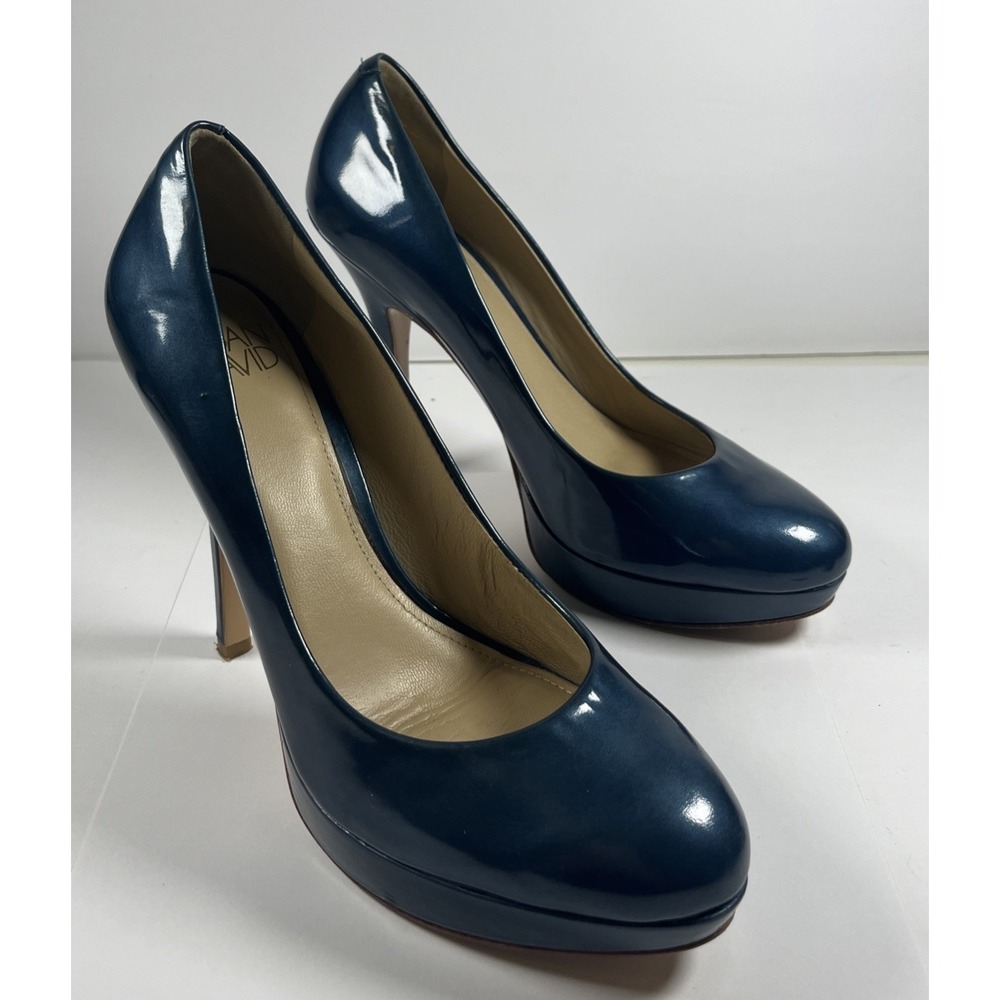 Joan & David Women Patent Leather Pumps Pearly Blue Almond Toe Platform Heels 7M